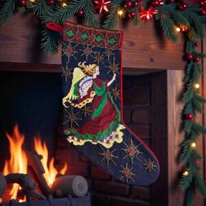 Vintage Needlepoint Tapestry Beaded Herold Angel Christmas Stocking Red Velvet